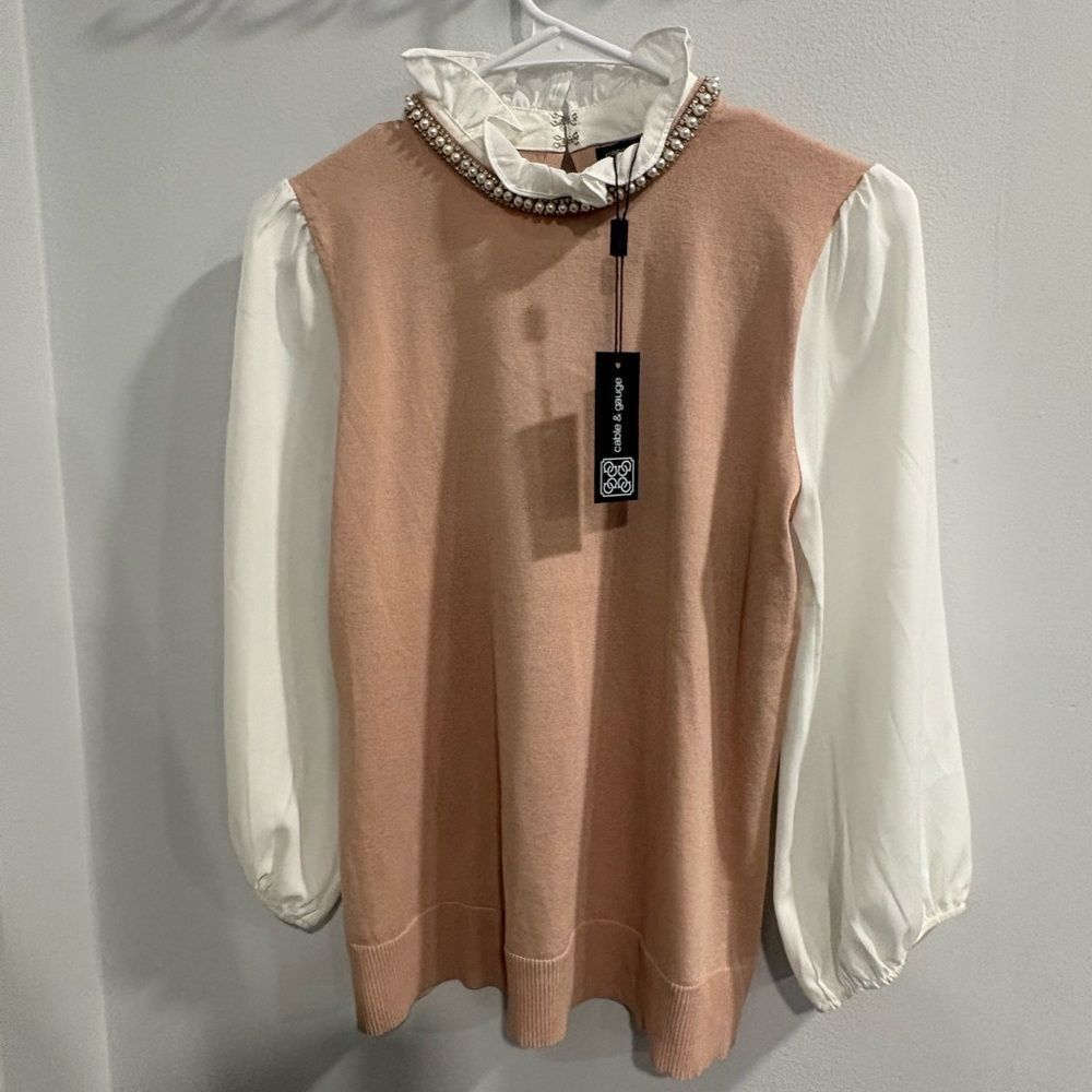 Cable & Gauge Pink and White Cowl Neck Sweater - Picture 6 of 12